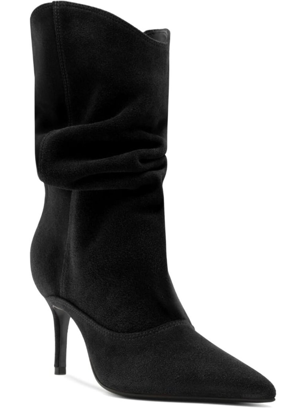 Women's Black Slouch Mid Calf Boots High Heel Pointed Toe Pull On Dressy Booties